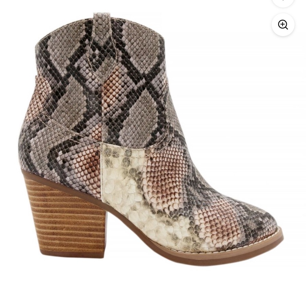 Sugar Brown and Cream Ankle Booties with Snakeskin Print